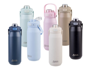 Oasis Capri 750ml Vacuum Quick Release Lid Bottle - A drink bottle collection featuring various colours, including navy, light blue, pink, beige, and black, with a quick release lid.