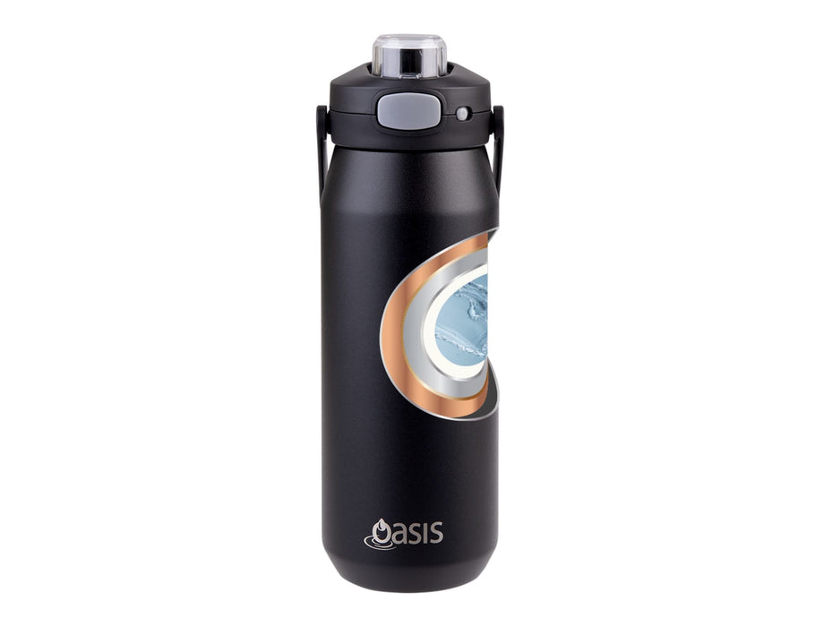 Oasis Capri 750ml Vacuum Quick Release Lid Bottle - A drink bottle with a matte black finish, featuring a quick release lid and an embedded design, and a logo.