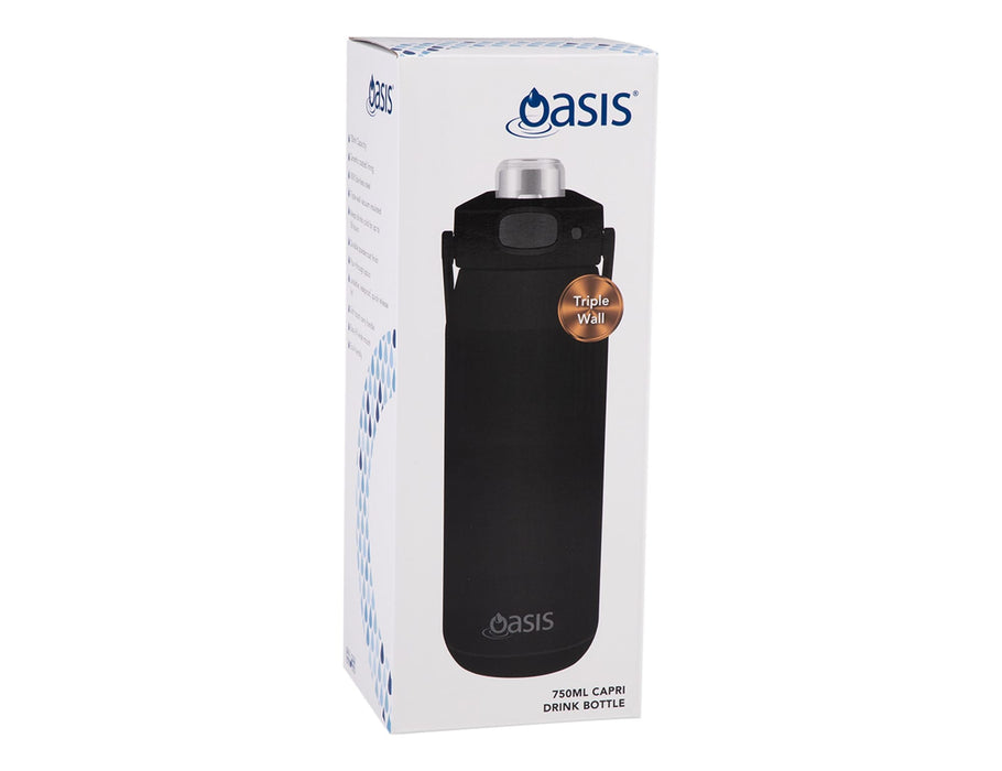 Oasis Capri 750ml Vacuum Quick Release Lid Bottle - A drink bottle with a black exterior and a quick release lid, featuring a triple wall design and a logo.