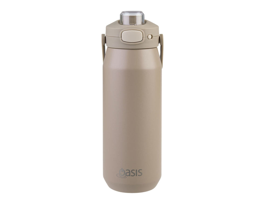 Oasis Capri 750ml Vacuum Quick Release Lid Bottle - A drink bottle in a light beige colour with a quick release lid and a handle, featuring a logo.