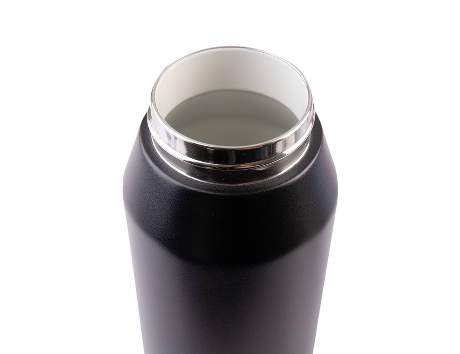 Oasis Capri 1L Vacuum Quick Release Lid Bottle - A drink bottle with a sleek black matte finish and a shiny silver rim around the opening.