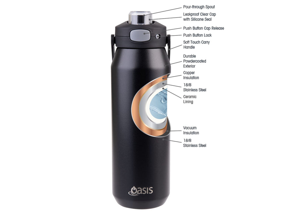 Oasis Capri 1L Vacuum Quick Release Lid Bottle - A drink bottle in matte black with a stainless steel body, featuring a quick release lid and durable handle.