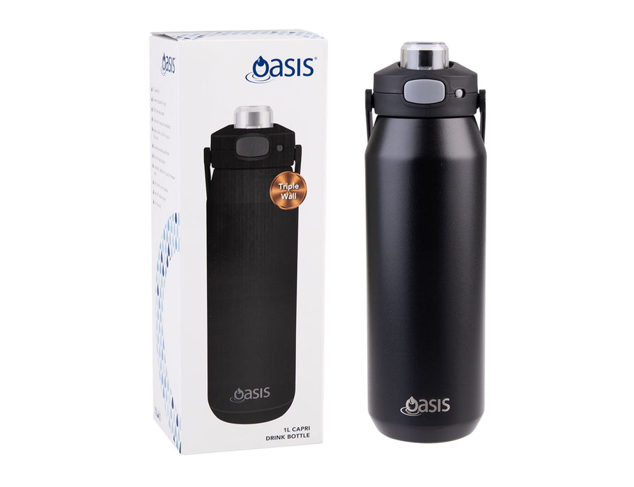 Oasis Capri 1L Vacuum Quick Release Lid Bottle - A drink bottle with a black finish and a quick release lid, presented alongside its packaging. It features a logo.