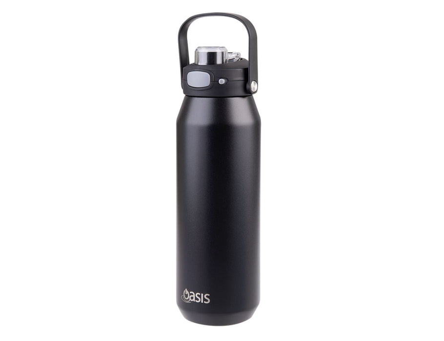 Oasis Capri 1L Vacuum Quick Release Lid Bottle - A drink bottle in matte black featuring a vacuum quick release lid and a sturdy handle. It includes a logo.