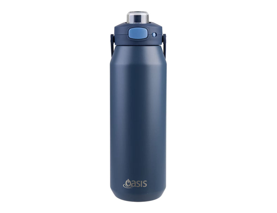 Oasis Capri 1L Vacuum Quick Release Lid Bottle - A drink bottle in navy blue featuring a quick release lid and a logo on the front, designed for easy hydration.