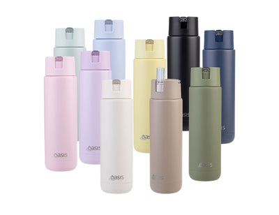 Oasis Moda 700ml Vacuum Bottle - A drink bottle collection featuring various colours, including pink, purple, yellow, black, beige, and green. Each has a logo.