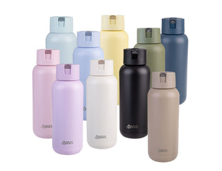 Oasis Moda 1L Vacuum Bottle - A drink bottle collection featuring various colours, including pastel blue, yellow, green, pink, white, black, and beige. Each has a logo.