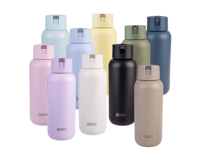 Oasis Moda 1L Vacuum Bottle - A drink bottle collection featuring various colours, including pastel blue, yellow, green, pink, white, black, and beige. Each has a logo.