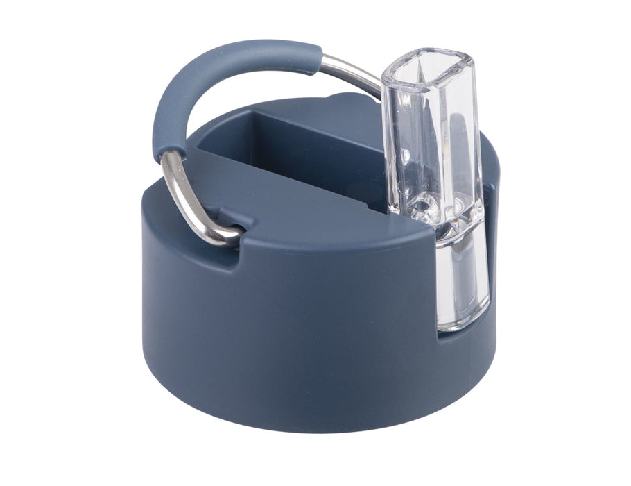 Oasis Moda 1.5L Vacuum Bottle - A drink bottle cap in navy blue with a clear spout and a metal loop for attachment. It features a logo.