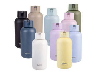 Oasis Moda 1.5L Vacuum Bottle - A drink bottle collection featuring various colours: black, grey, beige, navy, white, purple, pink, and yellow, each with a logo.