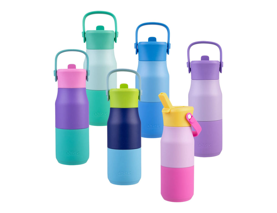 Oasis 400ml Insulated "JNR" Sipper Bottle - A drink bottle collection featuring various colours: purple, green, blue, and pink, with different shapes and designs.