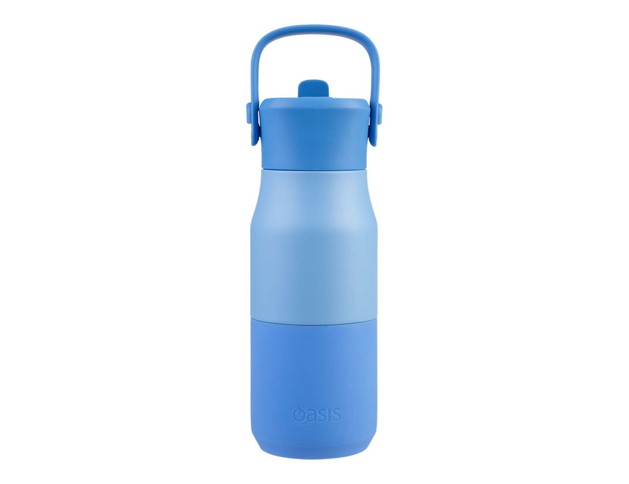 Oasis 400ml Insulated "JNR" Sipper Bottle - A drink bottle in shades of blue, with a handle and a screw-on lid. It features a logo on the front.