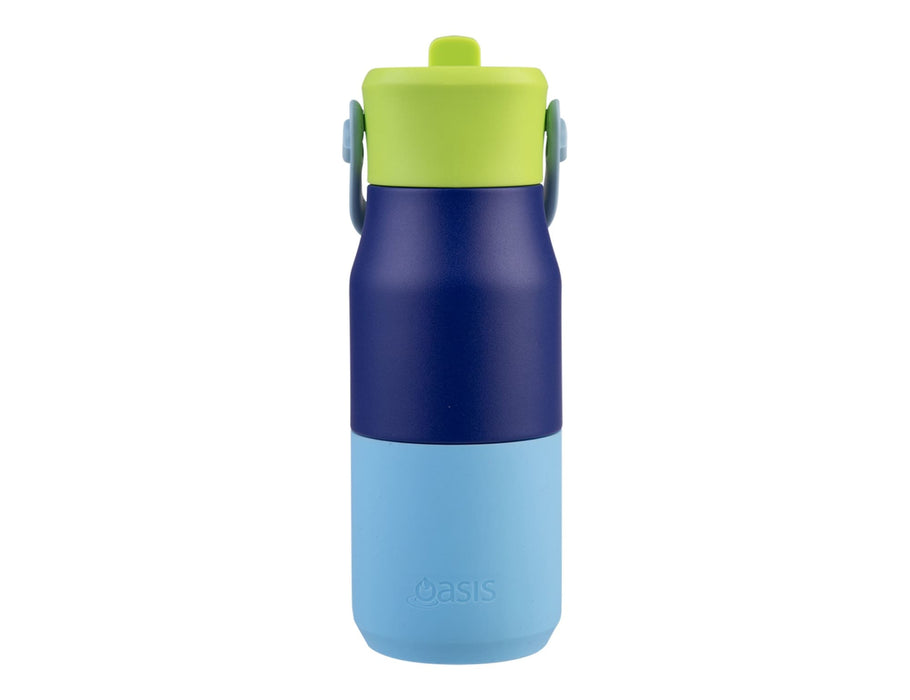 Oasis 400ml Insulated "JNR" Sipper Bottle - A drink bottle featuring a two-tone design in navy blue and light blue, topped with a bright green lid and a carrying handle.