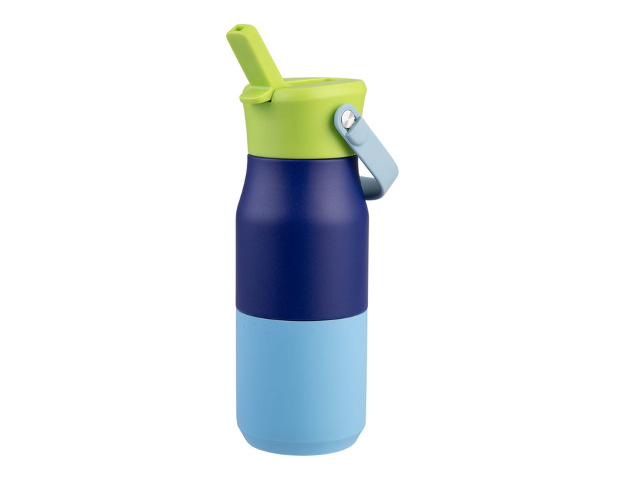 Oasis 400ml Insulated "JNR" Sipper Bottle - A drink bottle in navy blue, light blue, and green with a straw and a carry handle. Features a logo.