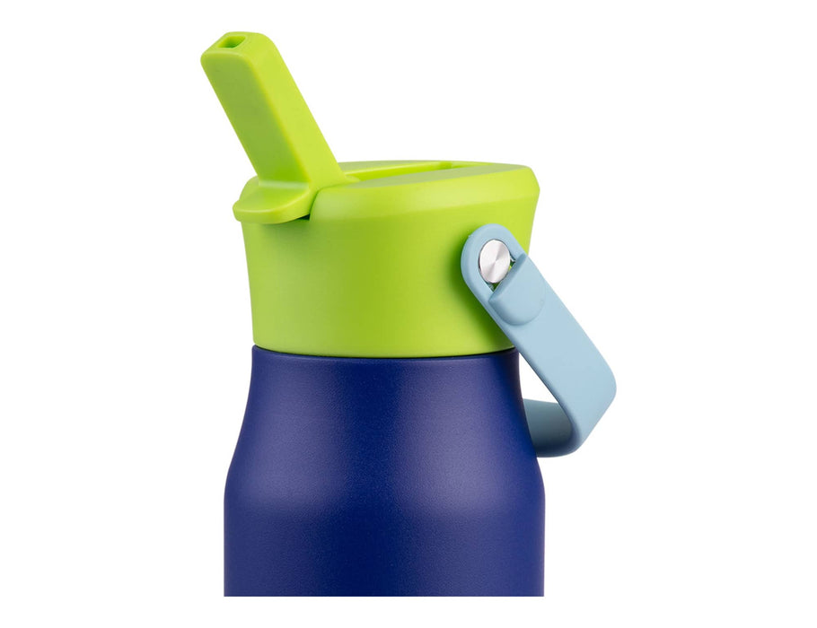 Oasis 400ml Insulated "JNR" Sipper Bottle - A drink bottle with a navy blue body, green lid, and light blue handle, featuring a straw attachment.