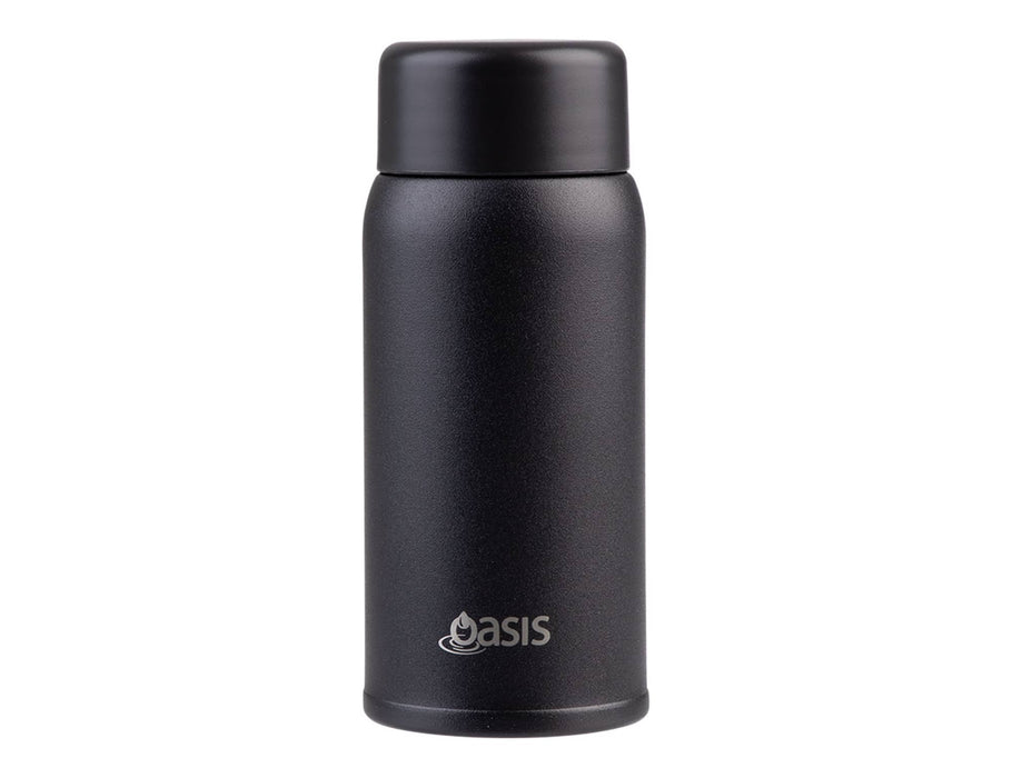 Oasis 150ml Insulated "Mini Mini" Drink Bottle - A drink bottle in matte black, featuring a rounded design and a logo on the front.