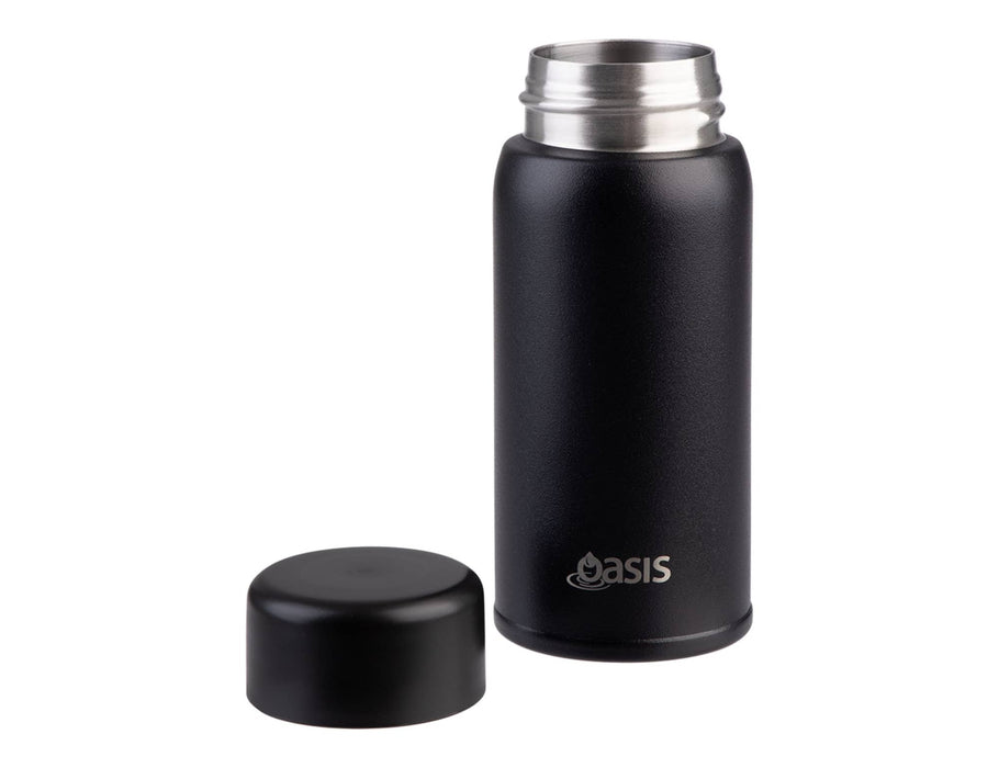 Oasis 150ml Insulated "Mini Mini" Drink Bottle - A drink bottle in matte black with a stainless steel interior and removable lid, featuring a logo.