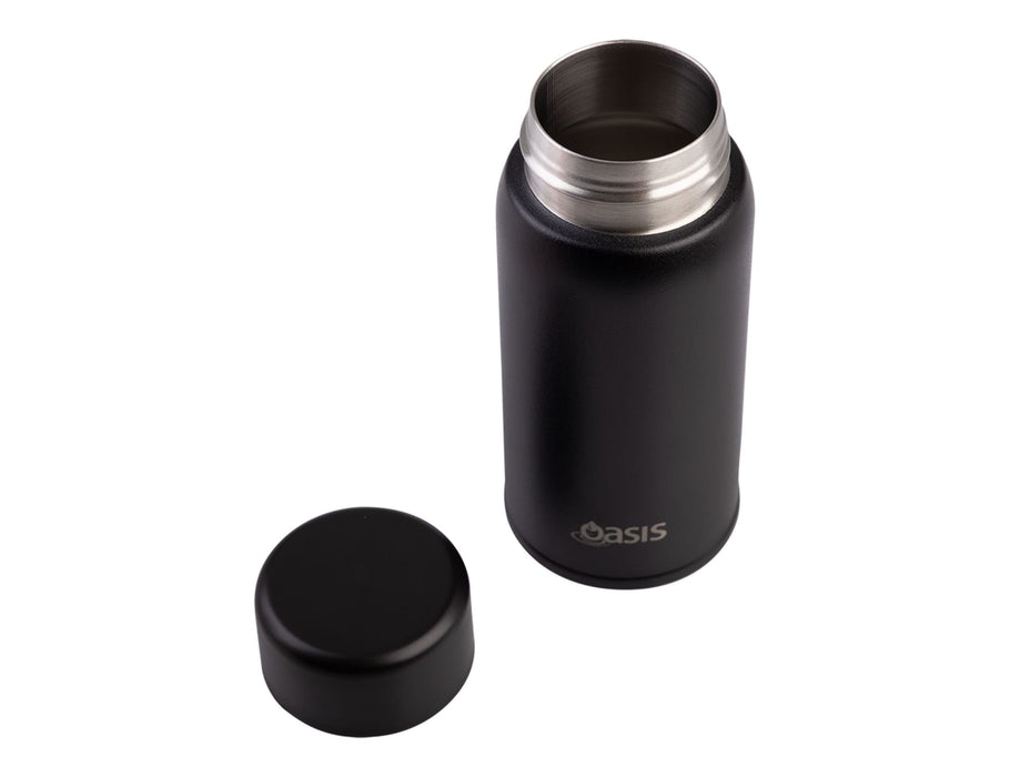 Oasis 150ml Insulated "Mini Mini" Drink Bottle - A drink bottle in matte black finish, featuring a silver stainless steel interior and a screw-on lid. It has a logo.