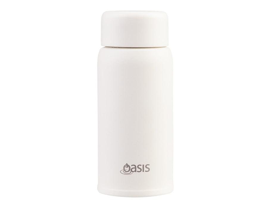 Oasis 150ml Insulated "Mini Mini" Drink Bottle - A drink bottle in white with a matching lid, featuring a logo at the bottom.