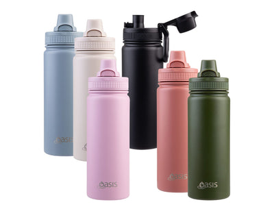 Oasis Challenger 550ml Vacuum Quick Release Cap Bottle - A drink bottle collection featuring six colours: light blue, white, pink, black, terracotta, and green, each with a cap and logo.