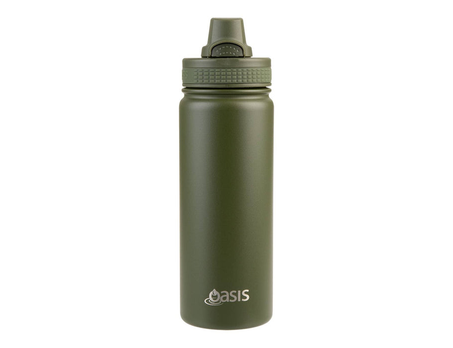 Oasis Challenger 550ml Vacuum Quick Release Cap Bottle - A drink bottle in olive green featuring a quick release cap and a logo on the front.