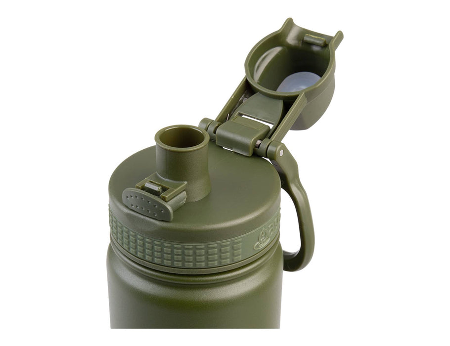 Oasis Challenger 550ml Vacuum Quick Release Cap Bottle - A drink bottle in olive green with a quick release cap and a built-in handle. Features a logo on the body.
