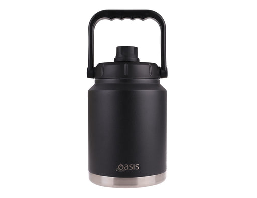 Oasis 2.1L Vacuum Carry Handle Jug - A drink bottle in black with a stainless steel base and a sturdy carry handle on top. It features a branding logo.