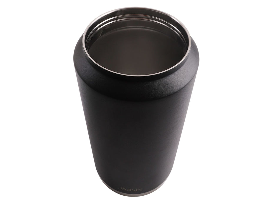 Oasis 3.8L Vacuum Carry Handle Jug - A drink bottle with a sleek black design and stainless steel interior, featuring a carry handle and a logo.