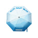 Anti-rebound Folding Umbrella - An anti-rebound folding umbrella in shades of blue with a logo and a curved design.