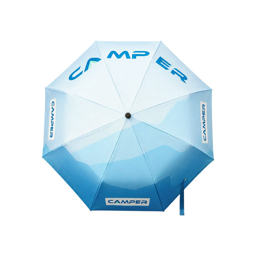 21'' Anti-rebound Folding Umbrella - An anti-rebound folding umbrella in shades of blue with a logo and a curved design.