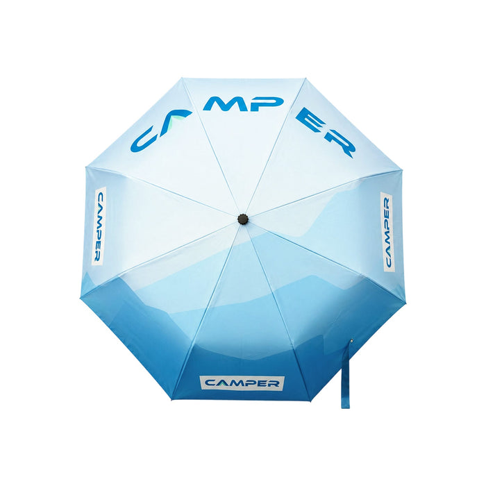 21'' Anti-rebound Folding Umbrella - An anti-rebound folding umbrella in shades of blue with a logo and a curved design.