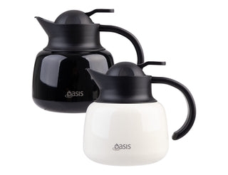 Oasis 750ml Insulated Teapot with Strainer - A drink bottle set featuring a black and a white insulated teapot with strainers, both with a handle and logo.