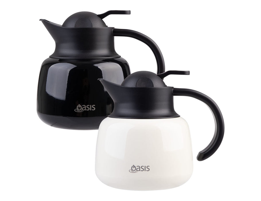 Oasis 750ml Insulated Teapot with Strainer - A drink bottle set featuring a black and a white insulated teapot with strainers, both with a handle and logo.