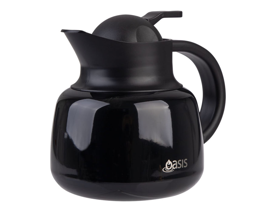Oasis 750ml Insulated Teapot with Strainer - A black insulated teapot with a strainer and a curved handle, featuring a logo.