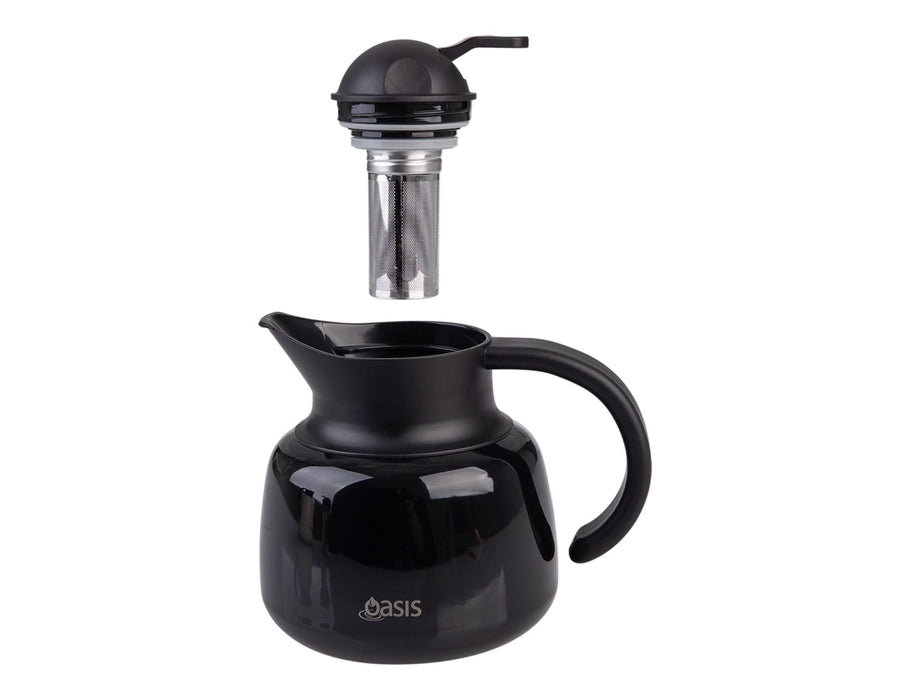 Oasis 750ml Insulated Teapot with Strainer - A black insulated teapot with a strainer, featuring a logo on the front.
