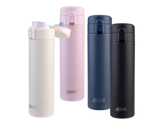 Oasis 480ml Insulated Flip-Top Flask - A drink bottle set featuring a white, pink, navy, and black insulated flask with flip-top lids and a brand logo.