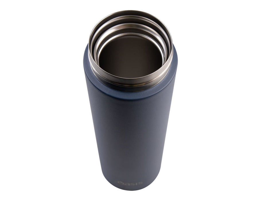 Oasis 480ml Insulated Flip-Top Flask - A drink bottle in navy blue with a stainless steel interior and a flip-top lid. It features a logo.
