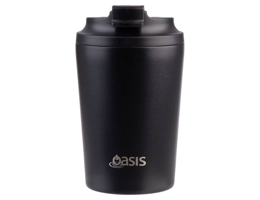 Oasis Ceramic Lined 235ml Insulated Coffee Cup - A black insulated coffee cup with a ceramic lining, featuring a lid and a small logo.
