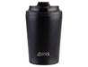 Oasis Ceramic Lined 235ml Insulated Coffee Cup - A black insulated coffee cup with a ceramic lining, featuring a lid and a small logo.