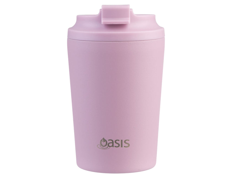 Oasis Ceramic Lined 235ml Insulated Coffee Cup - A ceramic-lined insulated coffee cup in light pink, featuring a secure lid and a branding logo.
