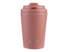 Oasis Ceramic Lined 360ml Insulated Coffee Cup - A ceramic-lined insulated coffee cup in a soft pink colour with a lid and a logo.