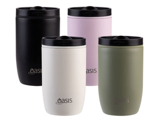 Oasis 300ml Insulated Leakproof Travel Cup - A drink bottle set featuring four insulated travel cups in black, pale pink, white, and olive green, each with a logo.