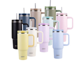 Oasis Commuter 1.2L Vacuum Travel Tumbler - A drink bottle collection featuring various colours, including black, beige, green, pink, and blue, with straws and handles.