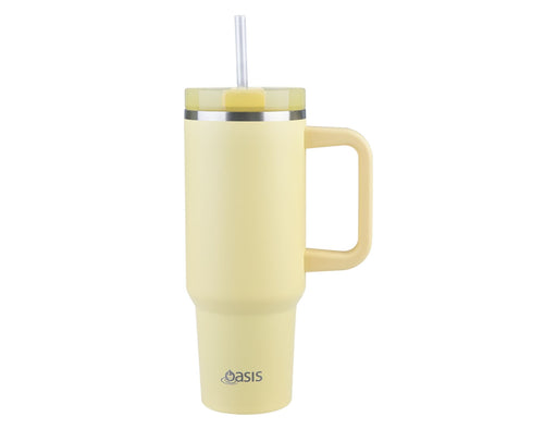 Oasis Commuter 1.2L Vacuum Travel Tumbler - A drink bottle in soft yellow with a handle and straw, featuring a stainless steel band and a logo.