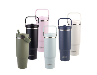 Oasis Voyager 900ml Vacuum Carry Tumbler - A drink bottle collection featuring six vacuum carry tumblers in green, pink, navy, white, and light blue, with a logo.