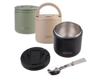Oasis 500ml Vacuum Food Flask with Spork - A drink bottle set featuring a green, beige, and black vacuum food flask, with a spork included and a logo.