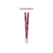 Retractable Lanyard - A pink retractable lanyard featuring various colourful designs, with a white plastic attachment at the end.