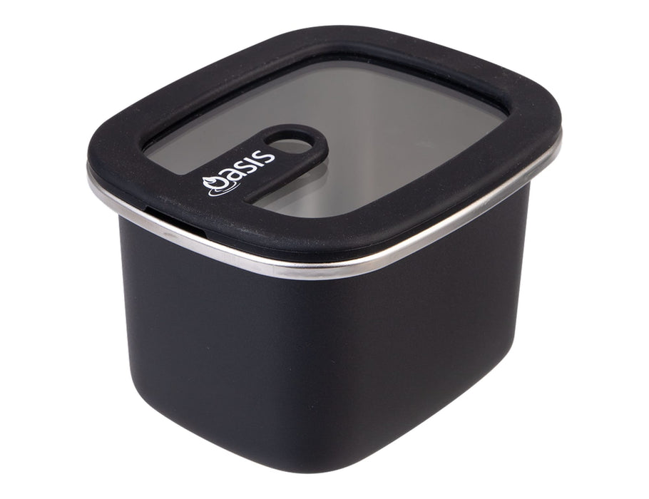 Oasis Microwave Safe Rectangular S/S Container 500ml - A black rectangular stainless steel container with a transparent lid and a handle, featuring a brand logo.