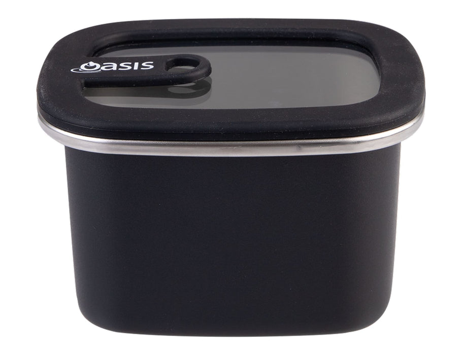 Oasis Microwave Safe Rectangular S/S Container 500ml - A rectangular stainless steel container in black with a clear lid and a silicone seal. It features a logo.