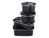 Oasis Microwave Safe Round S/S Container 680ml - Four black stainless steel rectangular containers stacked with matching lids, featuring a logo on the side.
